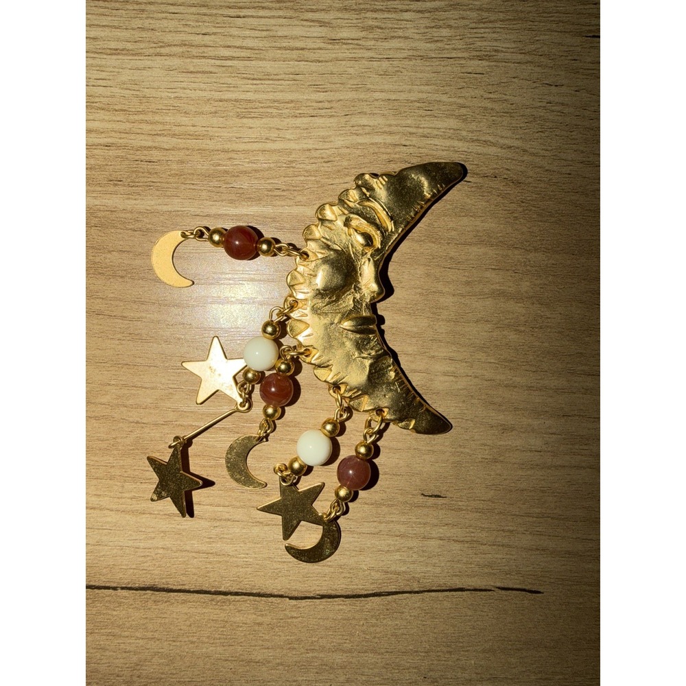 Norma Jean Signed Crescent Moon Face Brooch Star Dangles Celestial Vintage